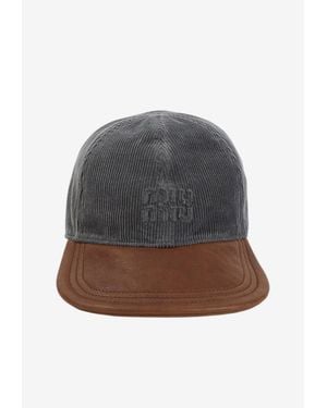 Miu Miu Embossed Logo Corduroy And Leather Cap - Gray