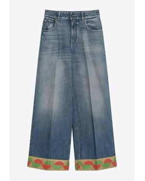 Valentino Straight-Leg Washed Jeans With Jacquard Hem - Blue