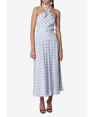 Alessandra Rich Polka Dots Silk Halterneck Bow Midi Dress - Blue