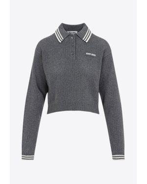 Miu Miu Embroidered Logo Knitted Cashmere Polo Jumper - Grey