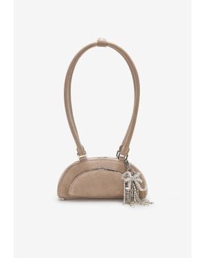 Self-Portrait Crystal Ribbon Charms Suede Shoulder Bag - White