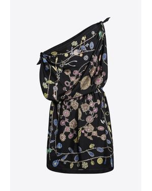 Versace One-Shoulder Floral Silk Mini Dress - Black