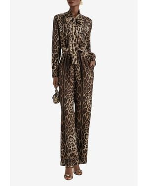 Dolce & Gabbana Leopard Print Silk Twill Belted Jumpsuit - Brown