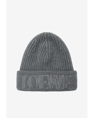 Loewe Logo Embroidered Wool Knit Beanie - Gray