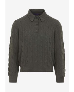 Ralph Lauren Cable-Knit Cashmere Polo Sweater - Gray
