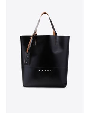 Marni Logo Print Cow Leather Tote Bag - Black