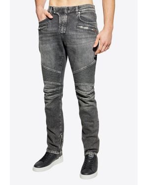 Balmain Logo Patch Slim Biker Jeans - Blue