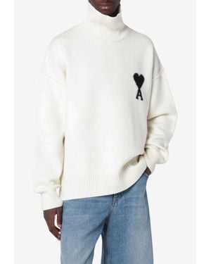 Ami Paris Ami De Coeur Turtleneck Wool Sweater - White