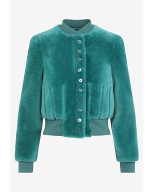 McQueen Cropped Shearling Leather Bomber Jacket - Green