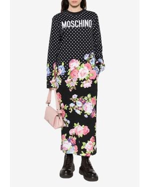 Moschino Polka Dots And Floral Print Midi T-Shirt Dress - Black