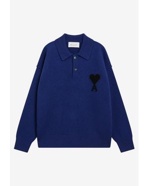 Ami Paris Ami De Coeur Intarsia Knit Wool Polo Sweater - Blue