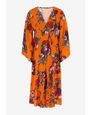Moschino V-Neck Floral Print Midi Dress - Orange