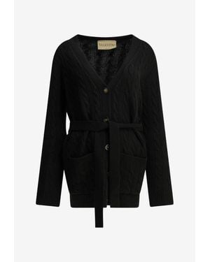Valentino Cable Knit Belted Cardigan - Black