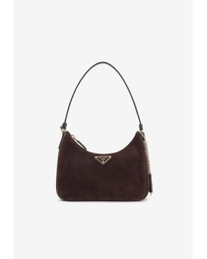 Prada Triangle Logo Suede Shoulder Bag - White