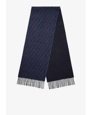 Fendi Reversible Ff Jacquard Wool-Cashmere Fringed Scarf - Blue