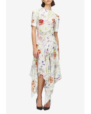McQueen Meadow Floral Print Asymmetric Midi Dress - White