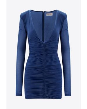 Saint Laurent Ruched Mini Dress With Deep V-Neckline - Blue
