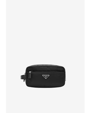 Prada Triangle Logo Re-Nylon And Leather Pouch - Black