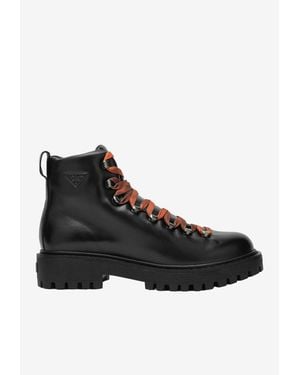 Prada Triangle Logo Leather Hiking Ankle Boots - Black