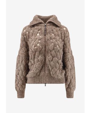 Brunello Cucinelli Micro-Sequin Chunky Knit Zip Cardigan - Brown