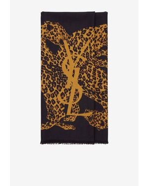 Saint Laurent Animal-Print Cassandre Square Scarf - Black