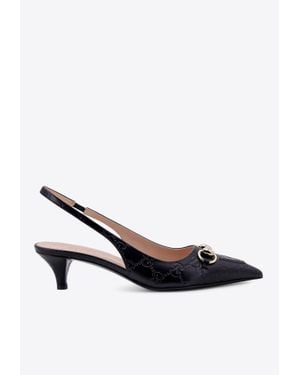 Gucci 45 Horsebit Leather Slingback Pumps - White