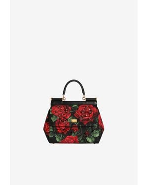 Dolce & Gabbana Medium Sicily Rose Print Top Handle Bag With Embroidered-Bezels - White