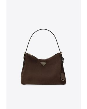 Prada Triangle Logo Suede Leather Shoulder Bag - Brown