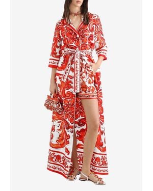 Dolce & Gabbana Majolica Print Robe-Style Silk Coat - Red