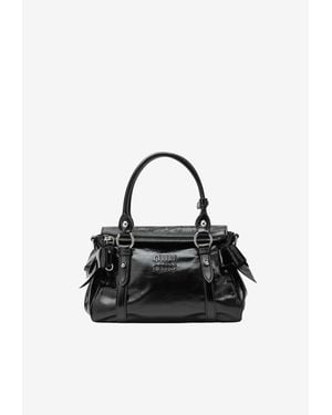Miu Miu Embossed Logo Shiny Leather Top Handle Bag - Black