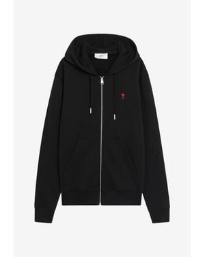 Ami Paris Ami De Coeur Zip-Up Hooded Sweatshirt - Black