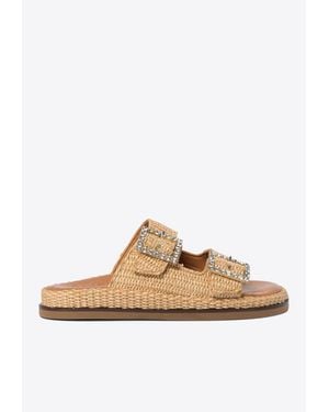 Alibi Greta Crystal Buckle Raffia Sandals - White