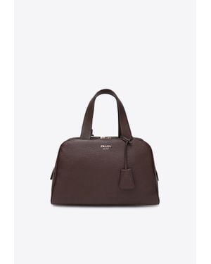 Prada Large Grained Leather Shoulder Bag - Brown