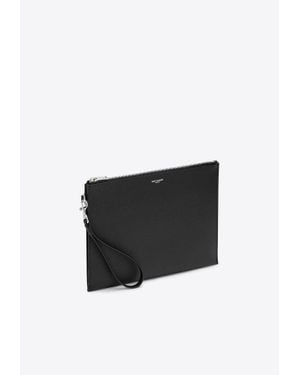 Saint Laurent Logo Stamped Leather Pouch Bag - White