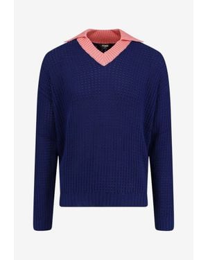 Fendi Open Knit V-Neck Sweater - Blue