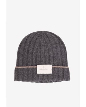 Brunello Cucinelli Logo Patch Ribbed Cashmere Beanie - Grey
