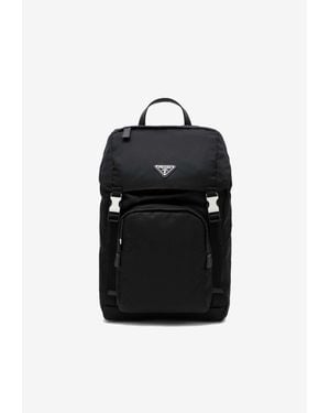 Prada Triangle Logo Zipped Backpack - Black