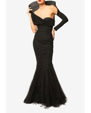 ZEENA ZAKI Structured Off-Shoulder Tulle Gown - Black