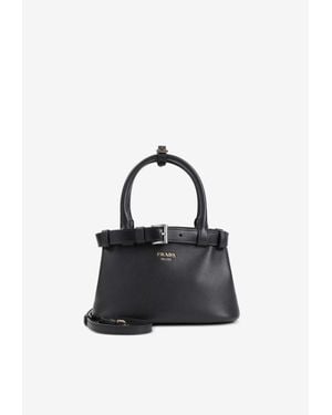 Prada Logo Stamped Leather Shoulder Bag - Black