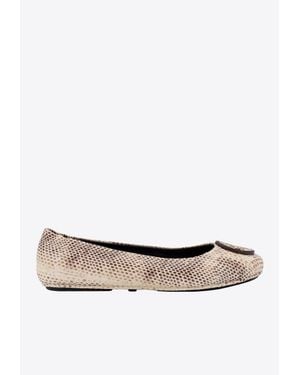 Tory Burch Minnie Travel Python Print Leather Ballet Flats - White