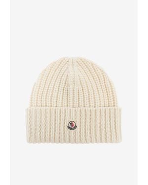 Moncler Logo Patch Rib Knit Beanie - Natural
