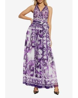 Dolce & Gabbana Silk Majolica Print Halterneck Maxi Dress - Purple