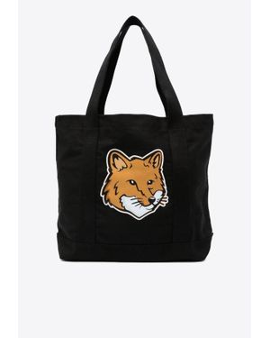 Maison Kitsuné Fox Logo Print Canvas Tote Bag - Black