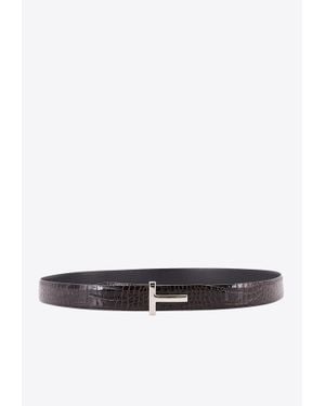 Tom Ford T-Monogram Croc-Embossed Leather Belt - White