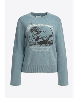 Ganni Intarsia Knit Wool Mermaid Sweater - Blue