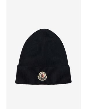 Moncler Logo Patch Ribbed Wool Beanie - Blue