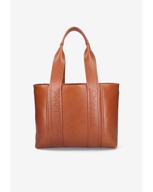 Chloé Medium Woody Leather Tote Bag - Orange