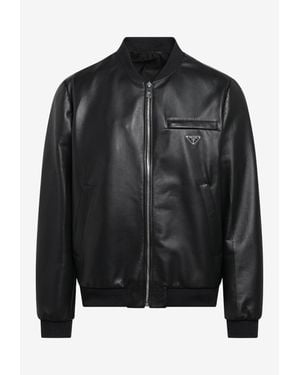 Prada Triangle Logo Zip-Up Leather Bomber Jacket - Black