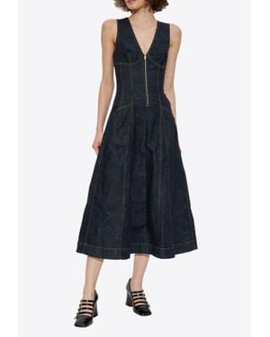 Self-Portrait V-Neck Denim Flared Midi Dress - Blue