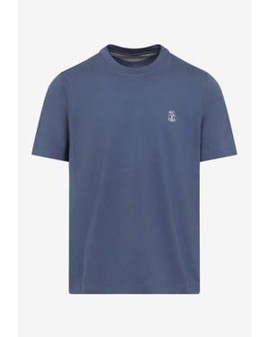 Brunello Cucinelli Crewneck T-Shirt With Embroidered-Logo - Blue